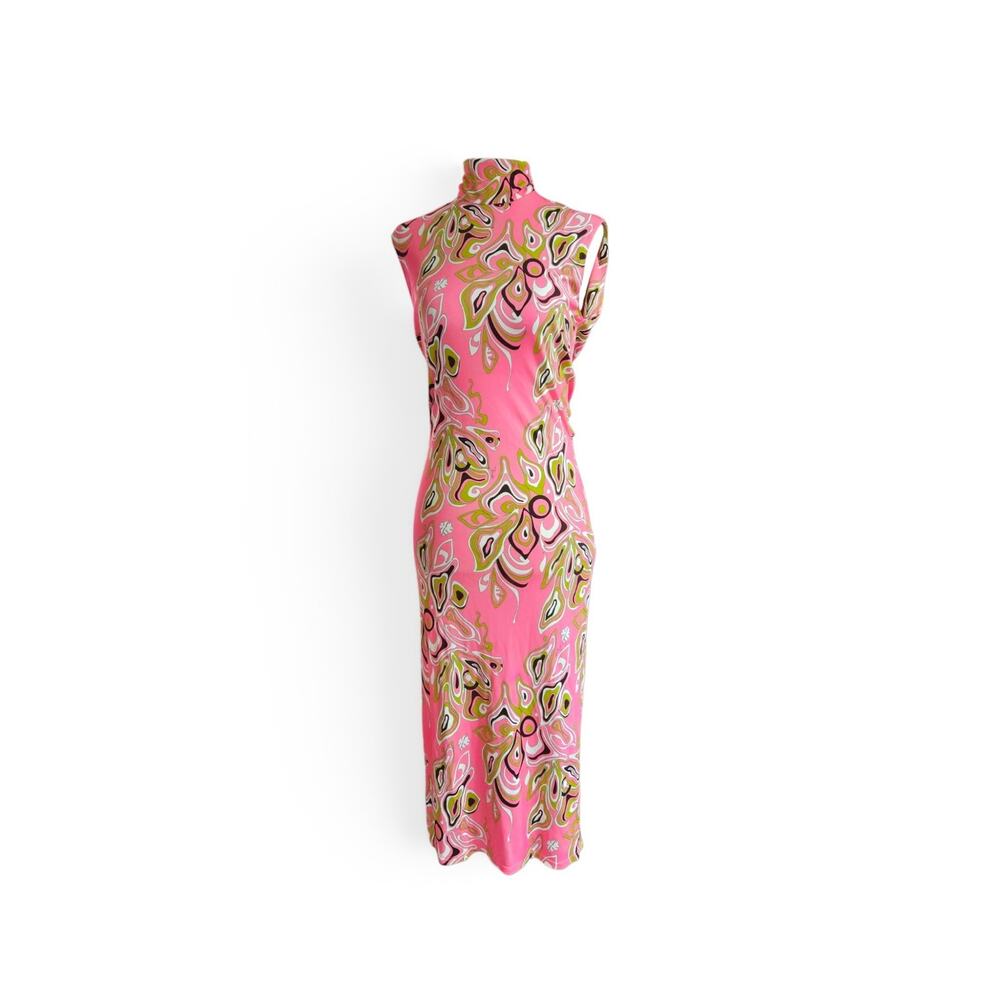 Emilio Pucci Midi Dress High-Neck Open Back Silk Blend Africana Print - Small